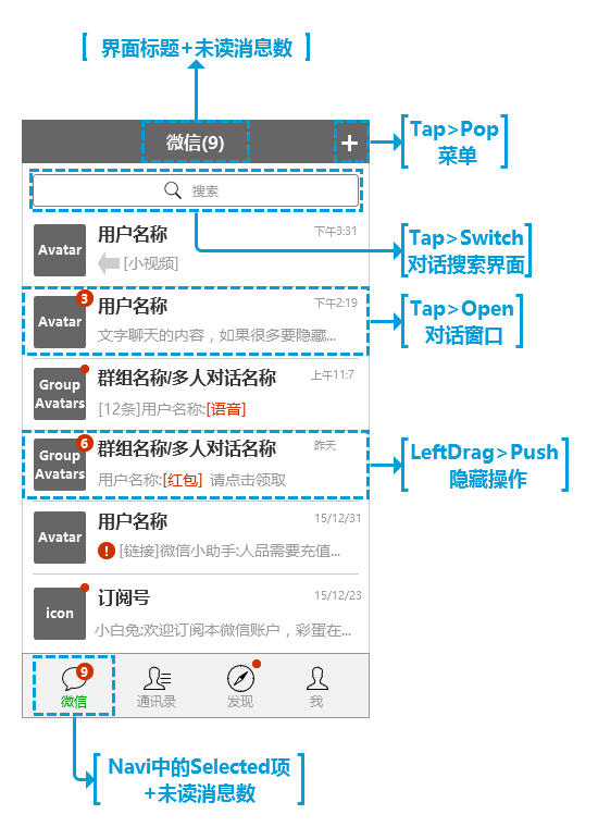 微信消息列表高保真原型交互模式区分