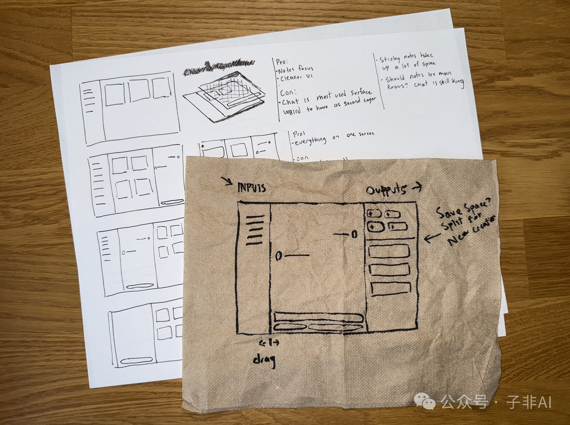 图：一张飞机上的餐巾纸草图，记录了设计的灵感瞬间